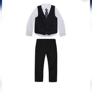 Boys Black Vest & Pants Dress Set with Gray Shirt and Plaid Tie